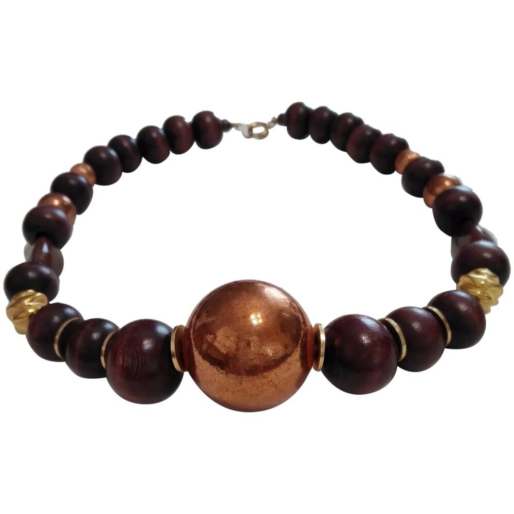 Wood Bead and Coppertone Metal Bead Vintage Choker Necklace